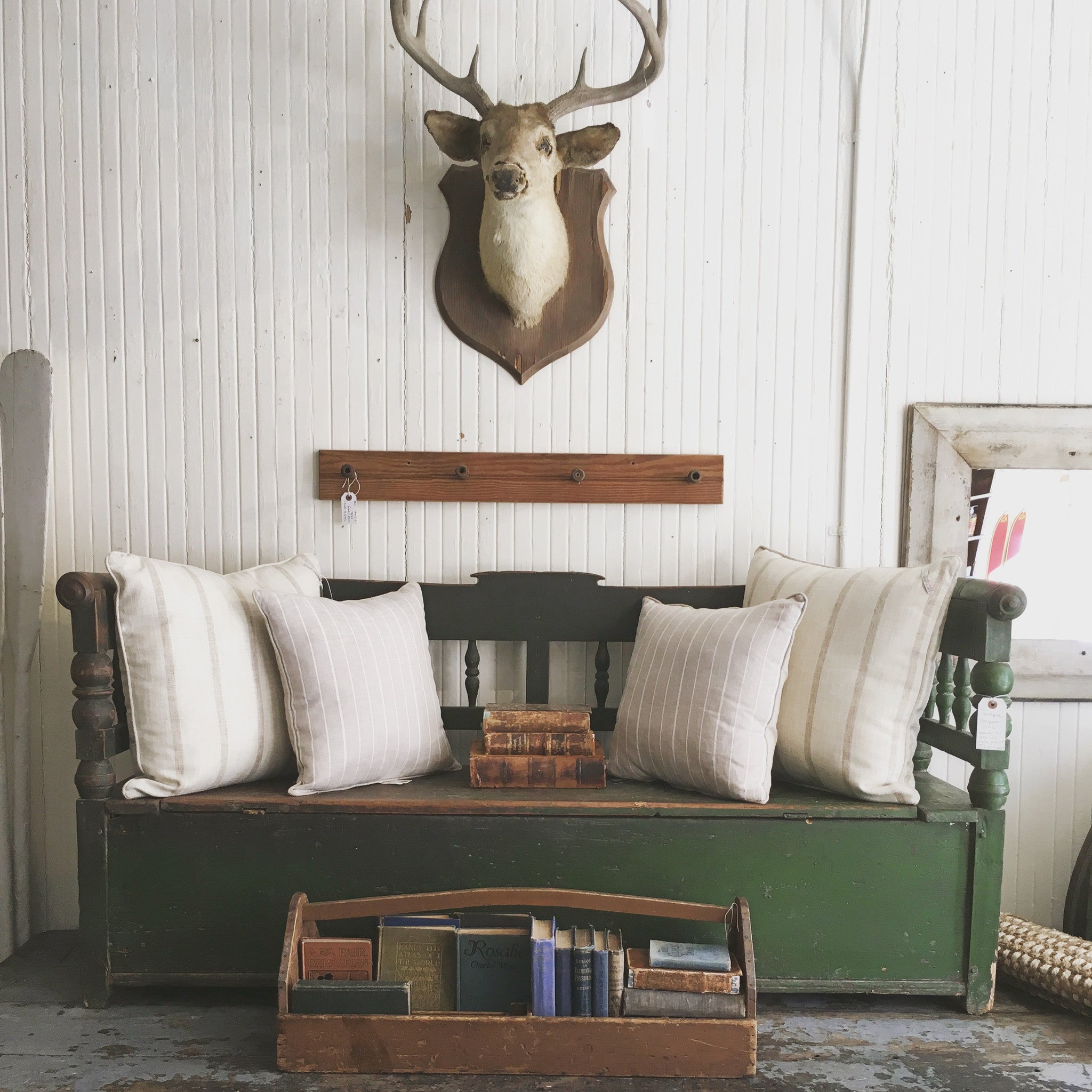 Antique bench, vintage tool box and an antique farm table at the Vintage Retriever